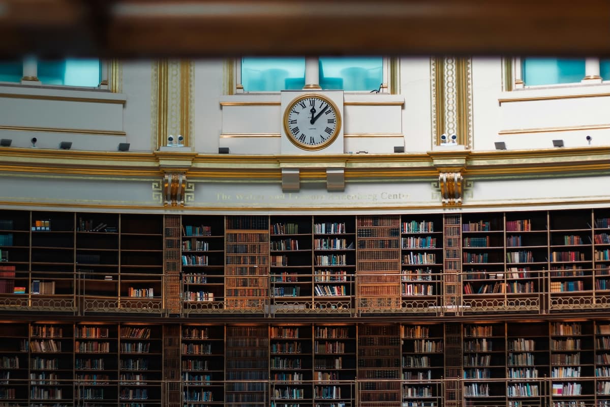 Clock on the wall of a library