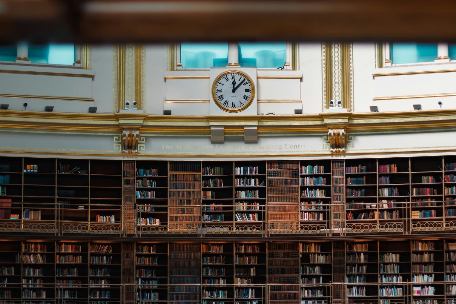 Clock on the wall of a library
