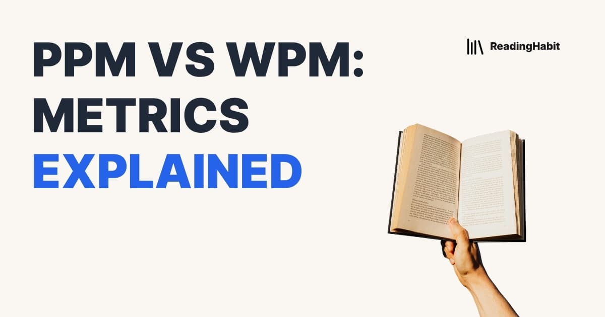 PPM vs WPM Metrics Explained banner with book in hand